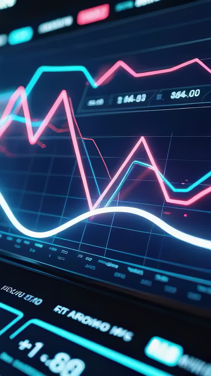 Vertical video: Opening monitor showing pink and cyan lines fluctuating with readouts for trading