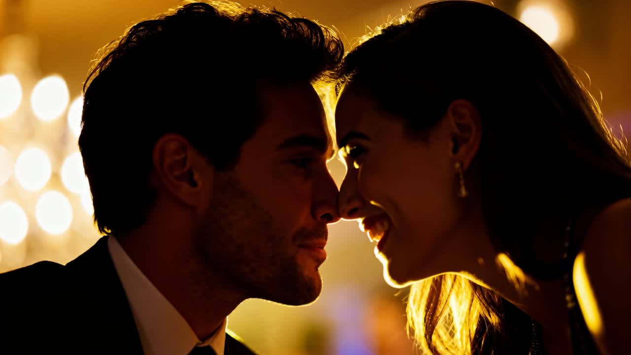 Leaning woman sparking couple moving closer, locking eyes, laughing at reception, suit, earrings