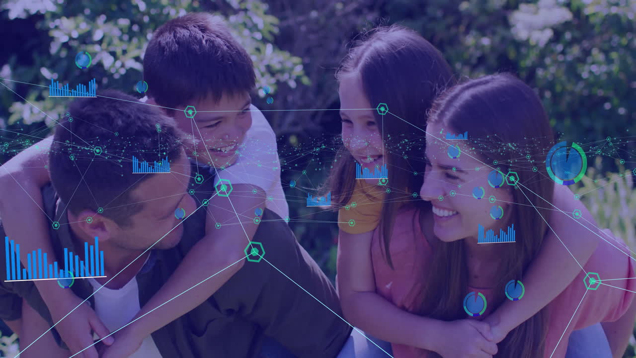 Parents carrying children piggyback in backyard, with network overlay connecting technology charts