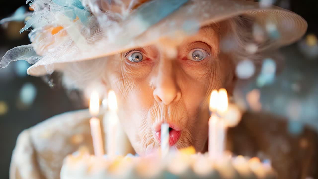 A Joyful Celebration: An Elderly Woman with Silver Hair and a Fancy Hat Enjoys a Birthday Cake Surrounded by Colorful Confetti and Bright Candles, Capturing a Moment of Pure Happiness
