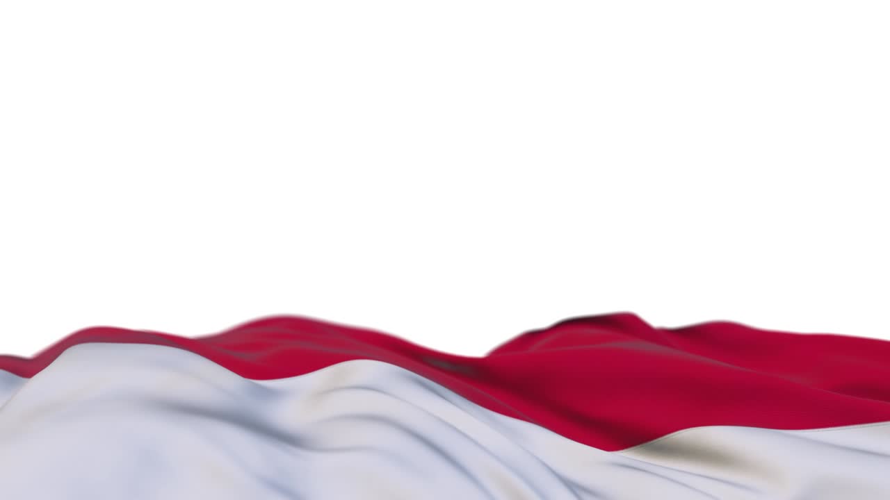 bandera de tela de mónaco ondeando en el bucle del viento. bordado monegasco estandarte de tela cosida balanceándose en la brisa. fondo blanco medio lleno. lugar para el texto. bucle de 20 segundos.