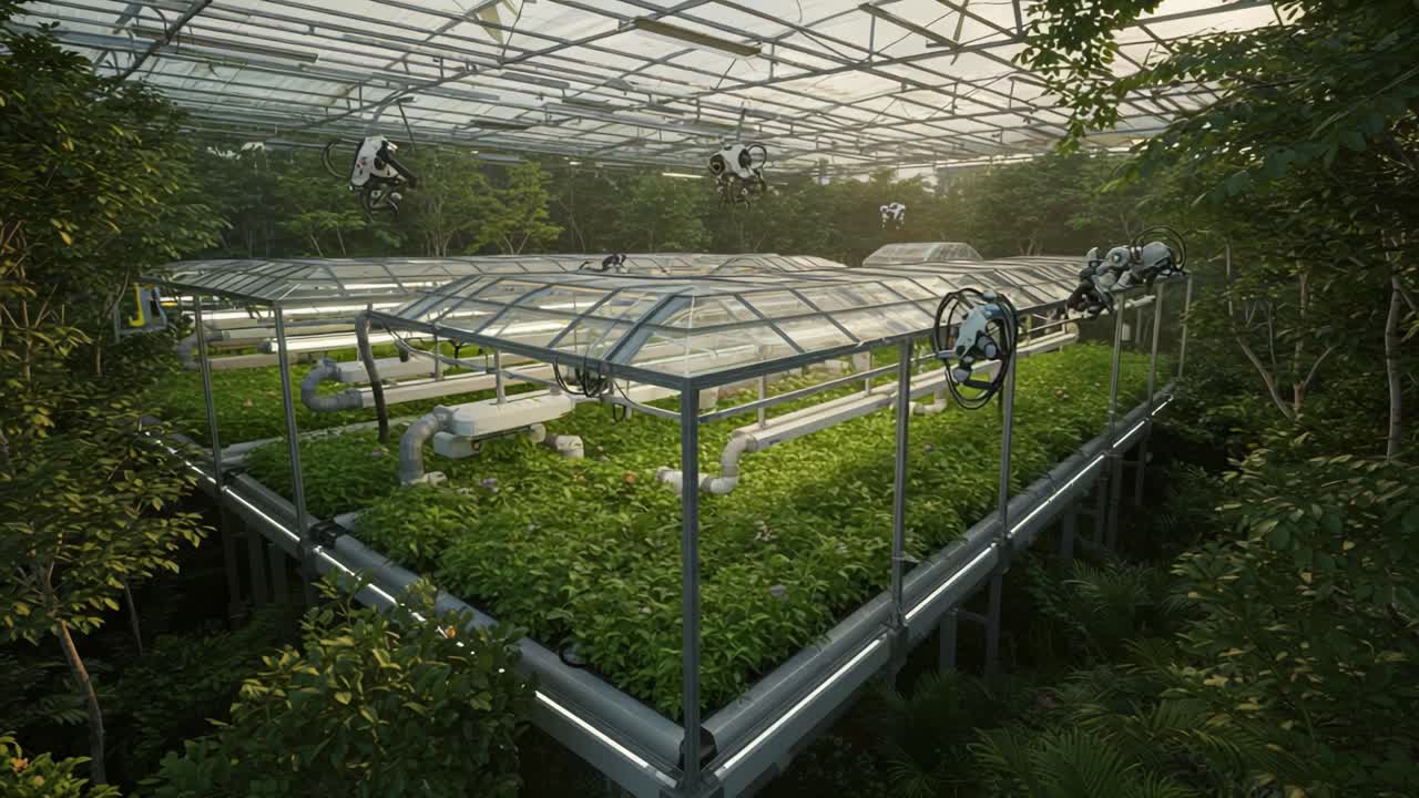 Innovative Automated Hydrophonics in a Modern Greenhouse with Robotic Systems and Lush Green Foliage Showcasing Advanced Agricultural Technology and Sustainable Practices