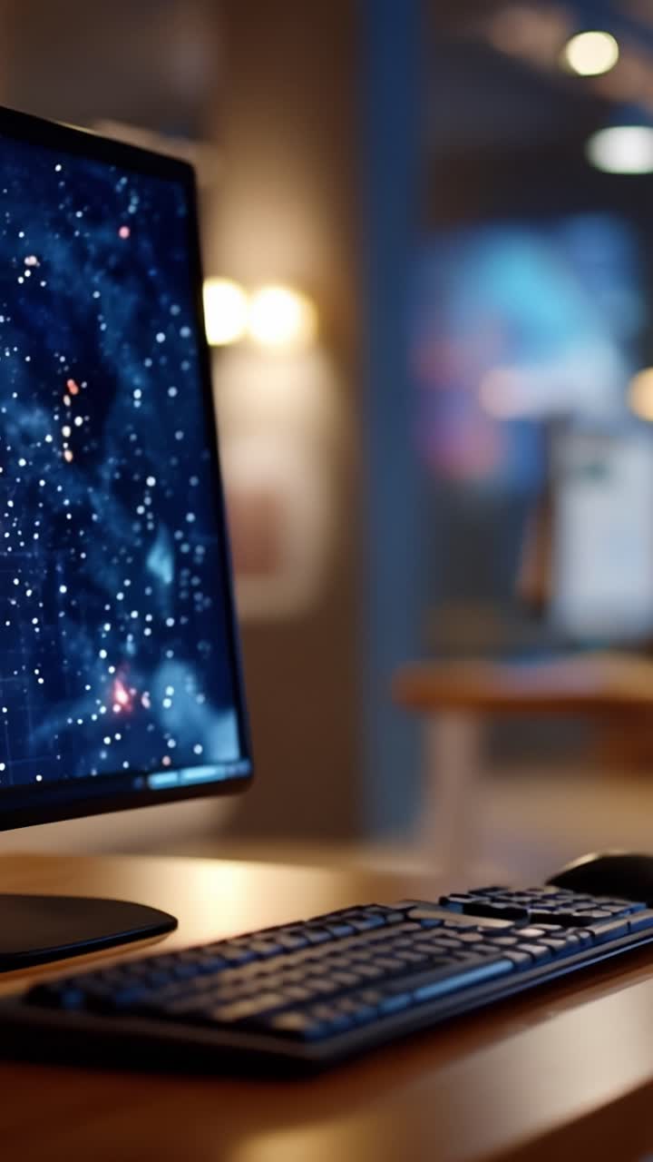 En indsigtsfuld rejse ind i datavisualisering med fokus på avanceret analyse og kosmiske indsigter, præsenteret på en futuristisk skærm i et moderne arbejdsmiljø