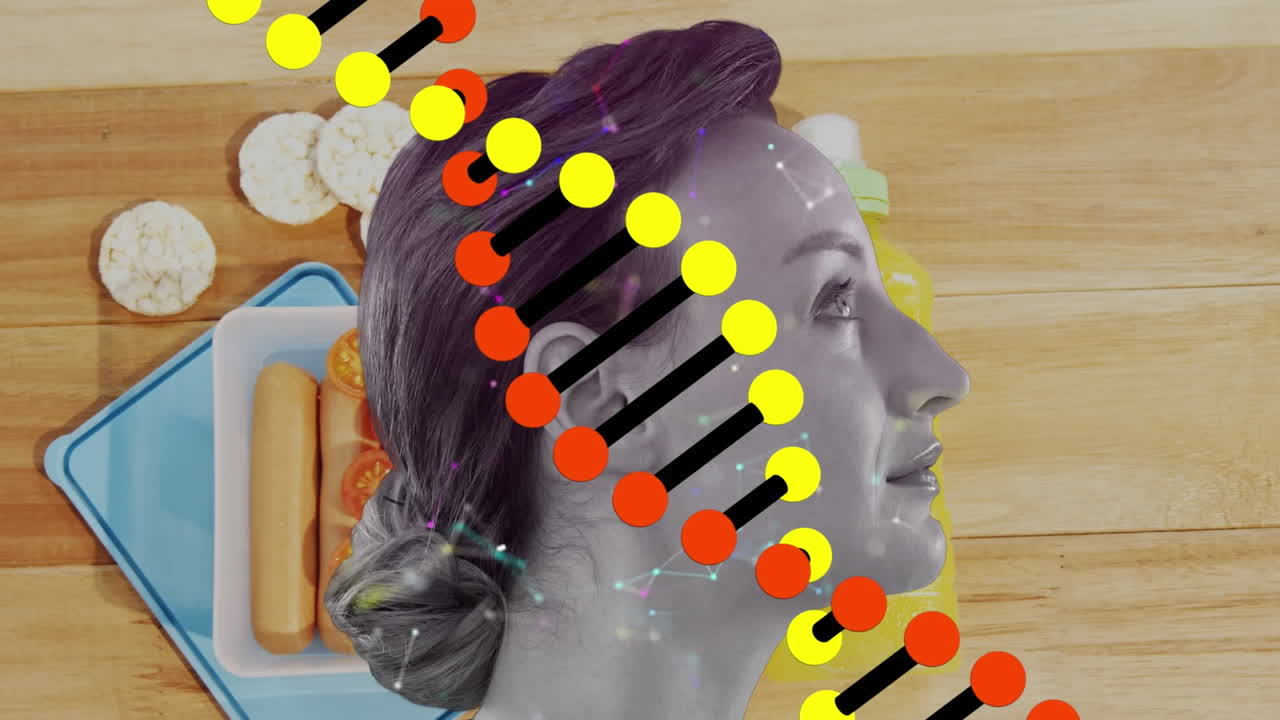 Animation of dna strand and caucasian woman over food on table