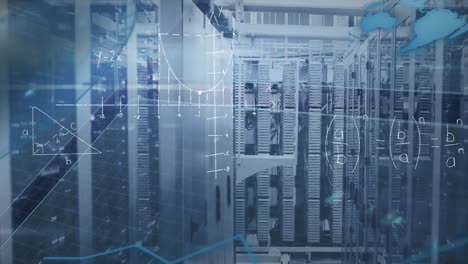 Animation of mathematical equations and diagrams with lens flare over server room