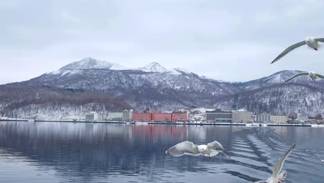 Boat-trip-on-the-Lake-in-Hokkaido,-people-feeding-the-seagulls