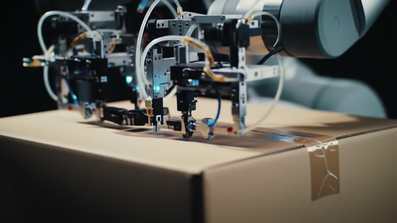 Advanced Robotic Arms Gently Handling and Securing a Package with Precision, Showcasing the Future of Automation in Packaging Technology