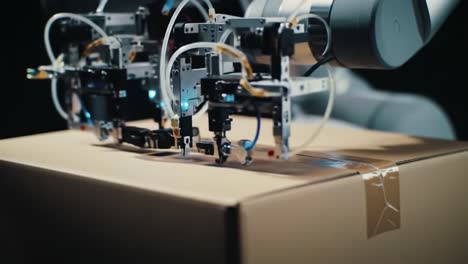 advanced robotic arms gently handling and securing a package with precision, showcasing the future of automation in packaging technology