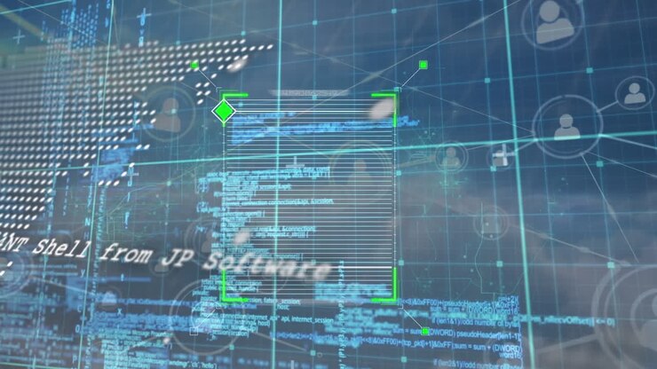 Animation of financial graphs, world map and data processing in blue and black digital space