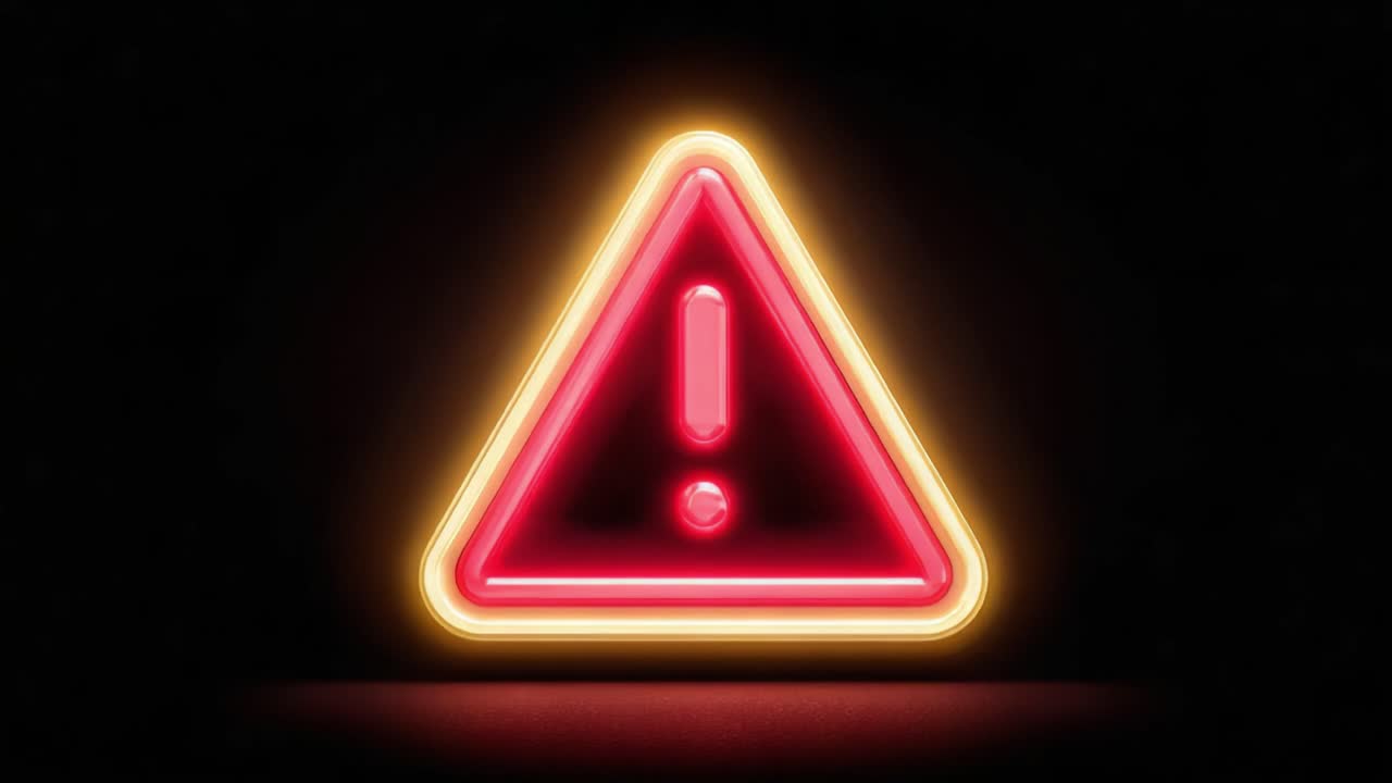 A Dramatic Glowing Warning Sign in Neon Red and Yellow Colors Stands Out Against a Dark Background, Capturing Attention with Its Sharp Shape and Bright Illumination