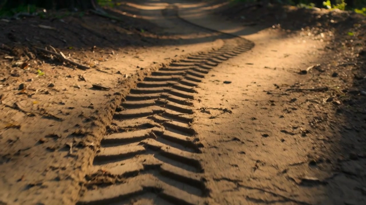 Tracking camera following chevron tire tread curving along narrow forest trail showing sunlit bands