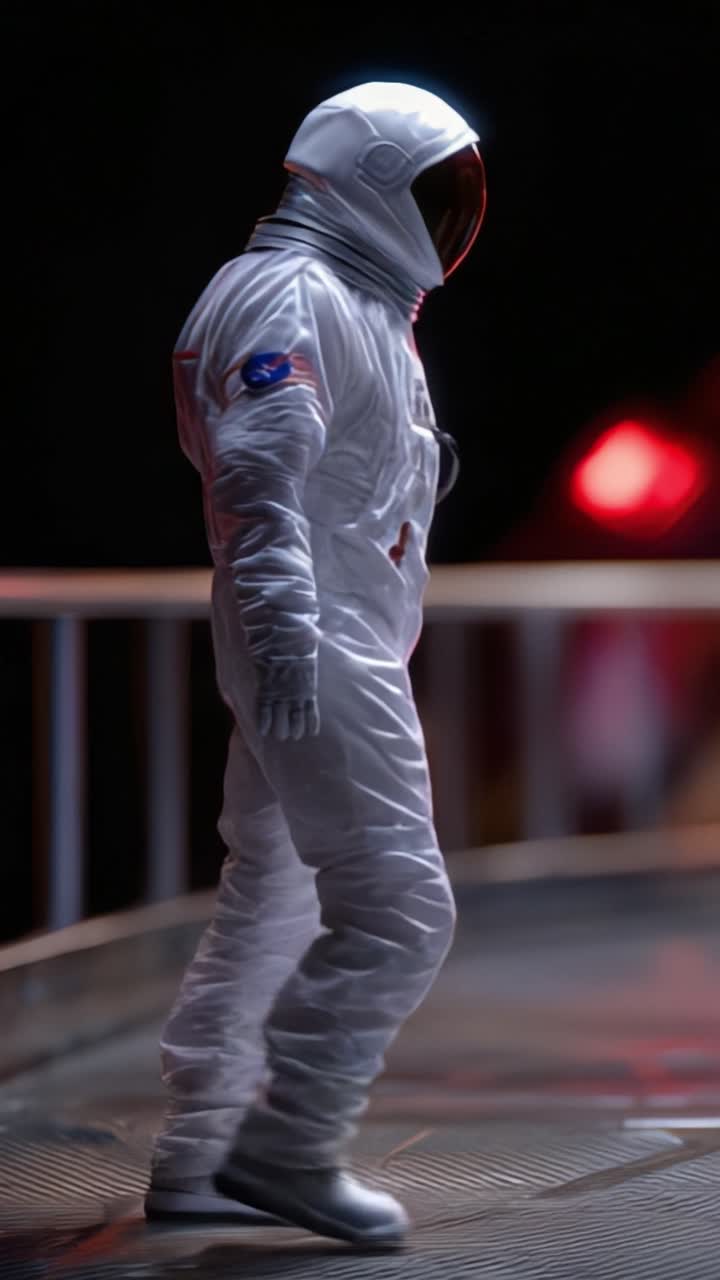 Astronauta in tuta spaziale che contempla l'universo su una piattaforma distante, catturando l'essenza dell'esplorazione e della curiosità umana oltre i confini terrestri