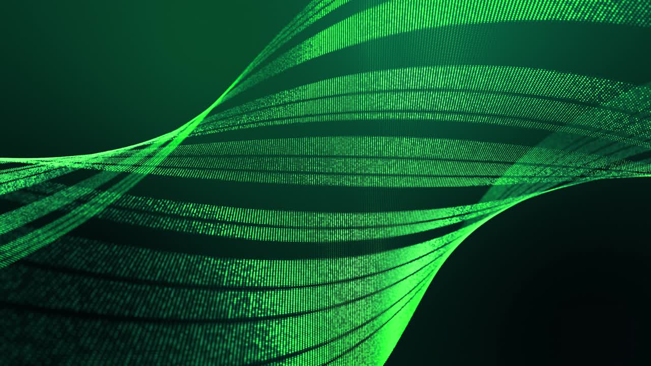 4k loopad abstrakt grön bakgrund av glödande partiklar som bildar linjer, ytor, spiralstrukturer som ett futuristiskt landskap i cyberrymden eller hologram. Sci-fi-tema med DOF, ljuseffekter och bokeh