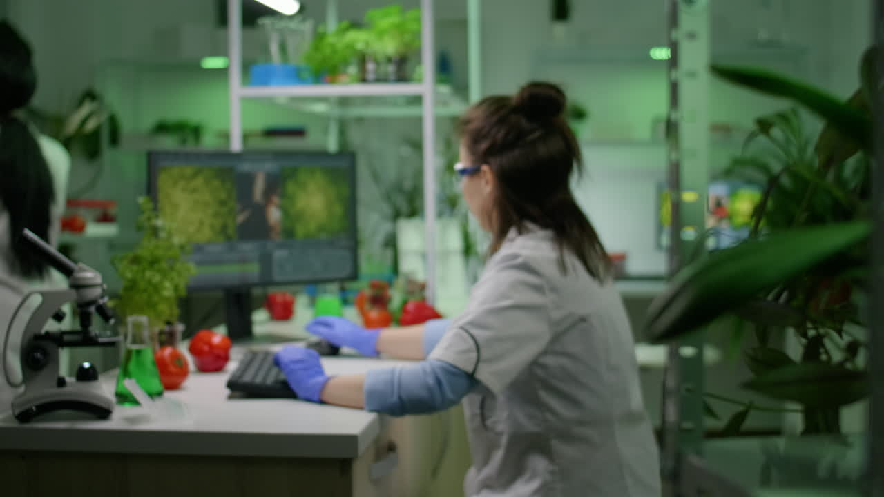 Front view of woman researcher analyzing petri dish with vegan meat