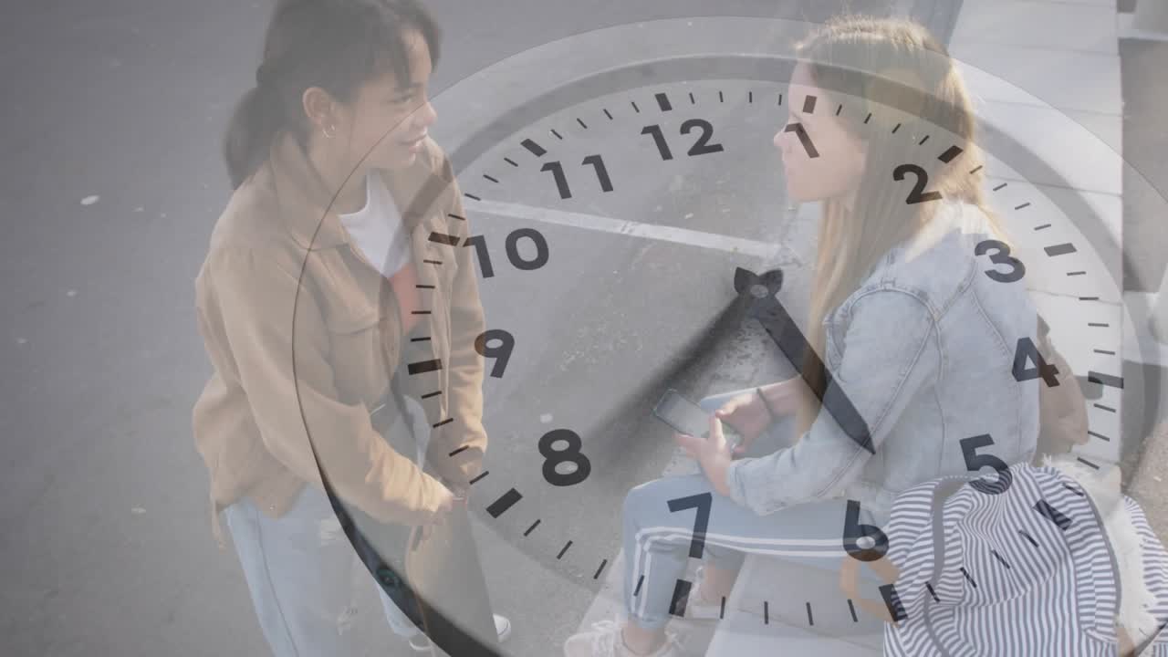 Greeting two friends on bench scrolling phone sharing social media under clear clock marking 20 min