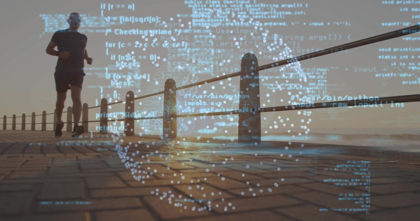Male jogger starting left, training on promenade while tech sphere overlaying center streaming code