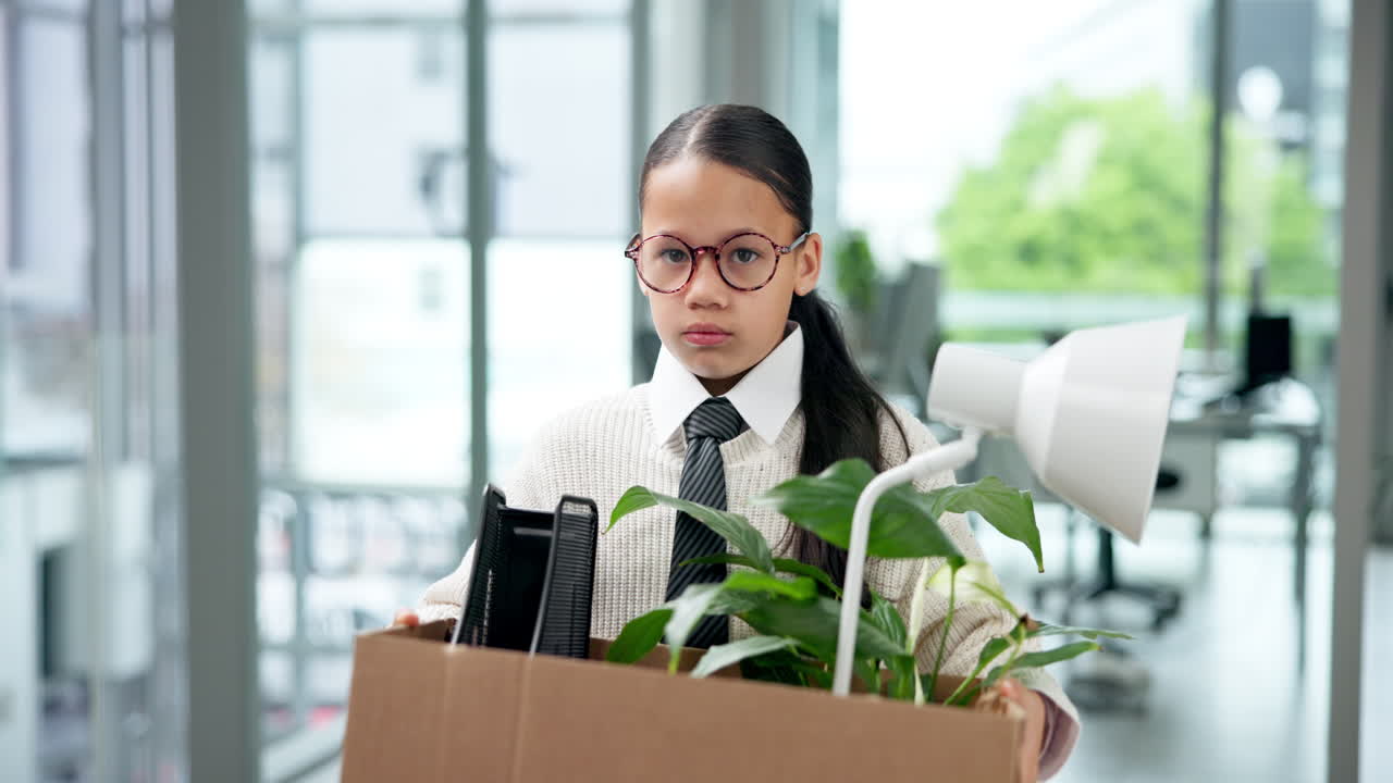 Girl in Office with Cardboard Box