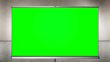 projection cinema screen pull-down and camera zoom to green screen. concrete wall behind tripod.