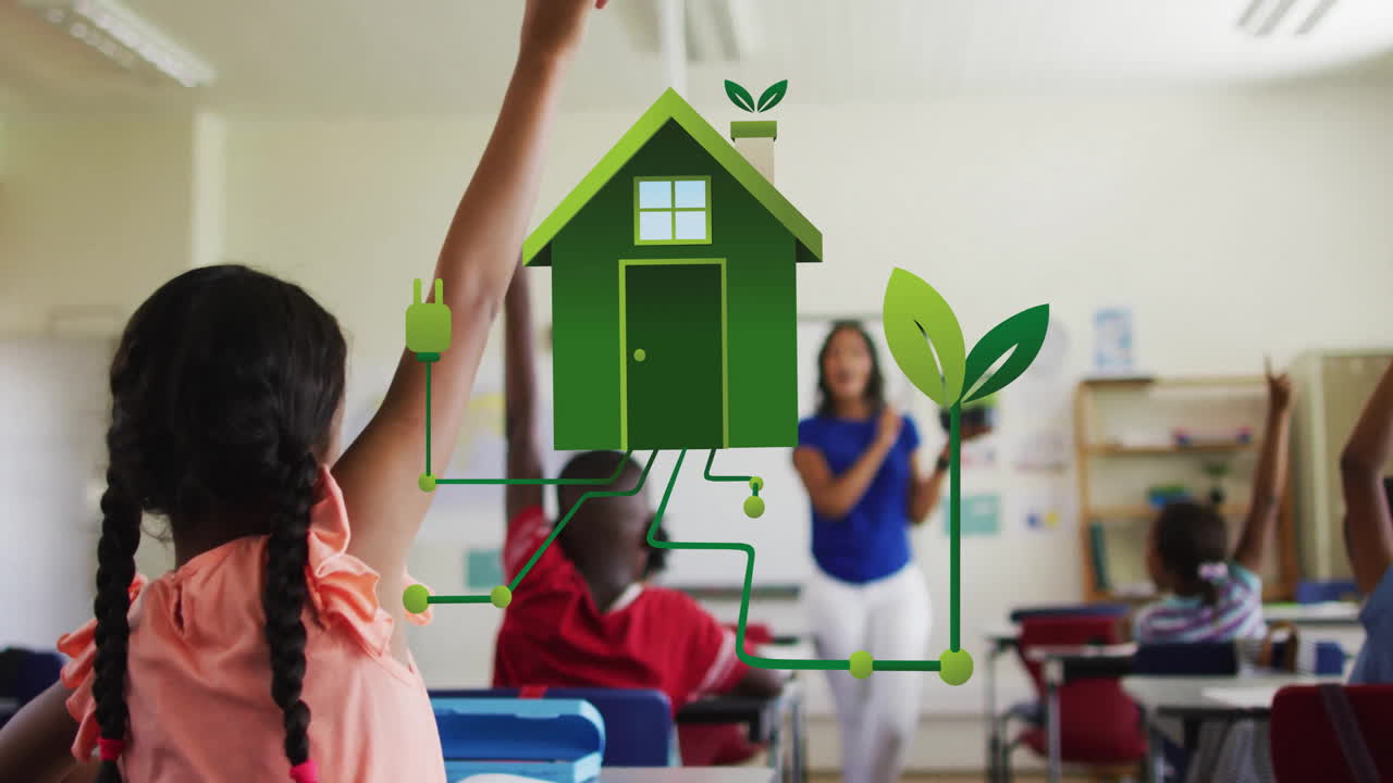 Animation of eco icons over diverse schoolchildren and female teacher