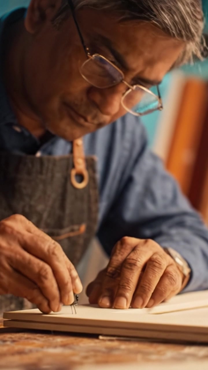 Un artigiano esperto che perfeziona il suo mestiere in un laboratorio, concentrandosi su tecniche di precisione della lavorazione del legno e sul lavoro manuale orientato ai dettagli per creazioni artigianali.