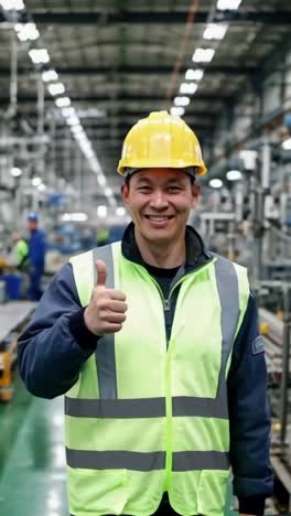 an asian man in a yellow vest is giving a thumbs up, worker in factory.
