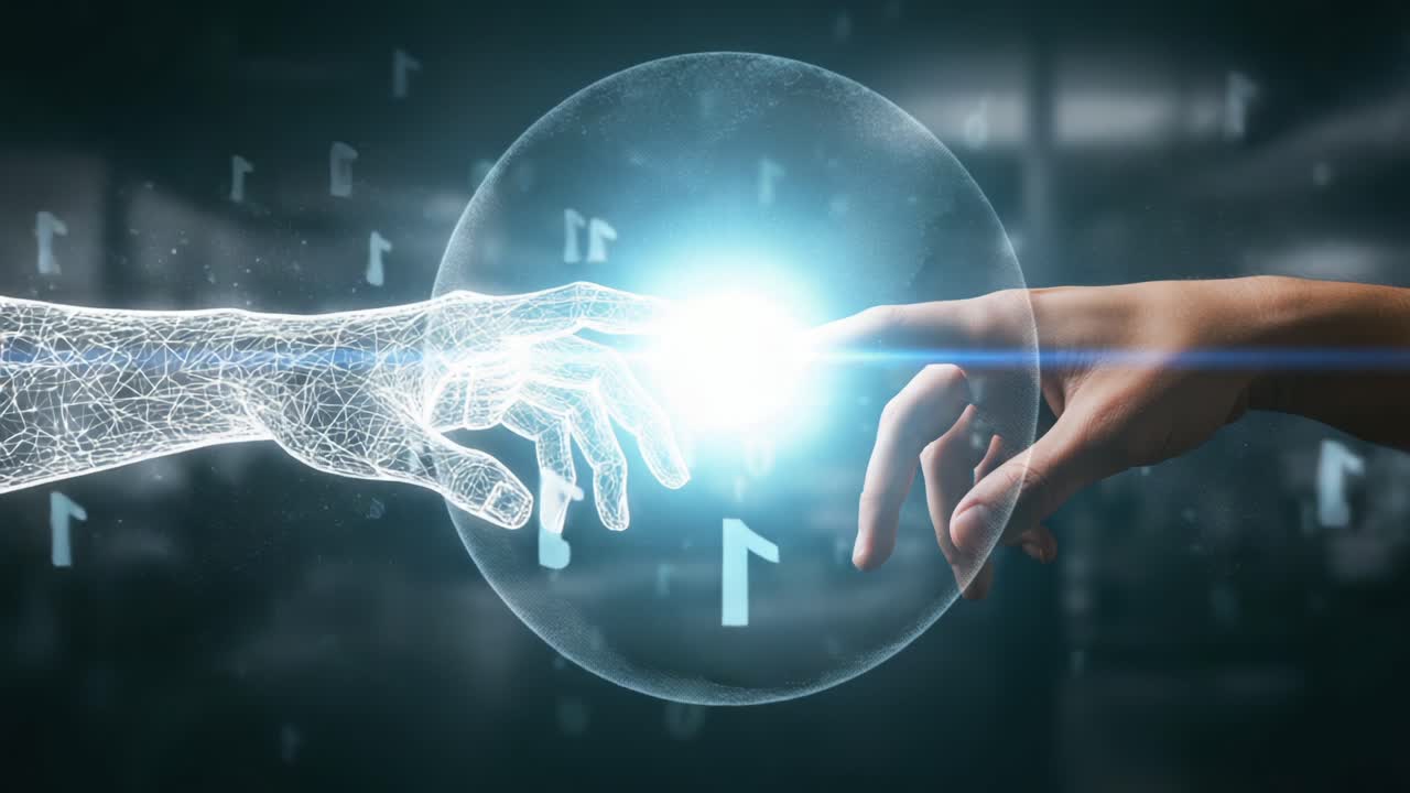 A Futuristic Connection: The Merging of Digital and Human Touch Explored in Two Distinct Frames Showing a Unique Interaction Between a Hand and a Holographic Representation