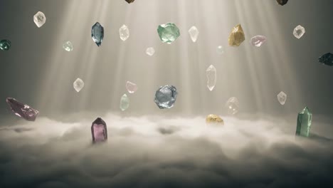 a stunning visual of colorful crystals suspended in a mystical fog, illuminated by golden rays of light, creating an enchanting atmosphere that captivates the viewer