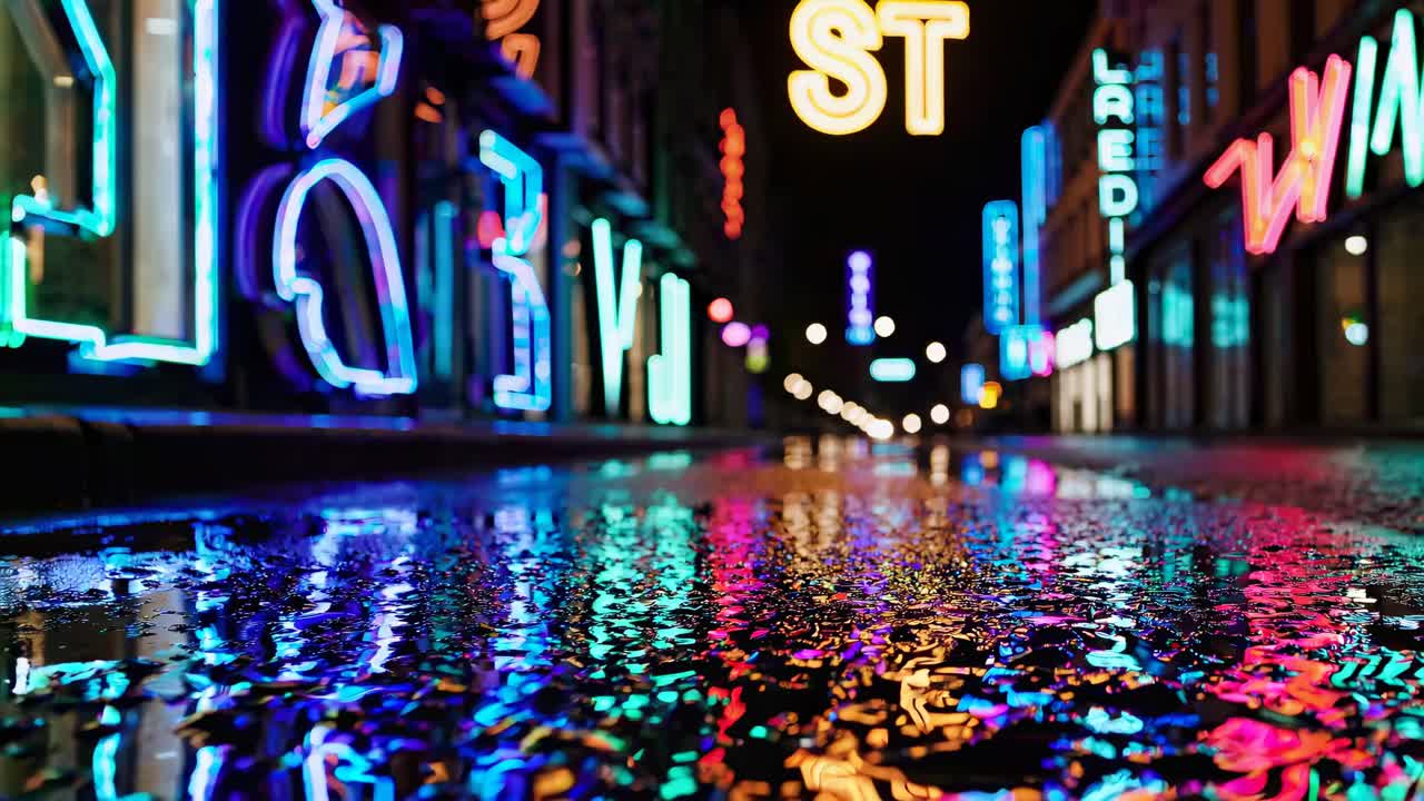 Vibrant neon lights reflecting on wet pavement in a city street, captured from a low-angle shot