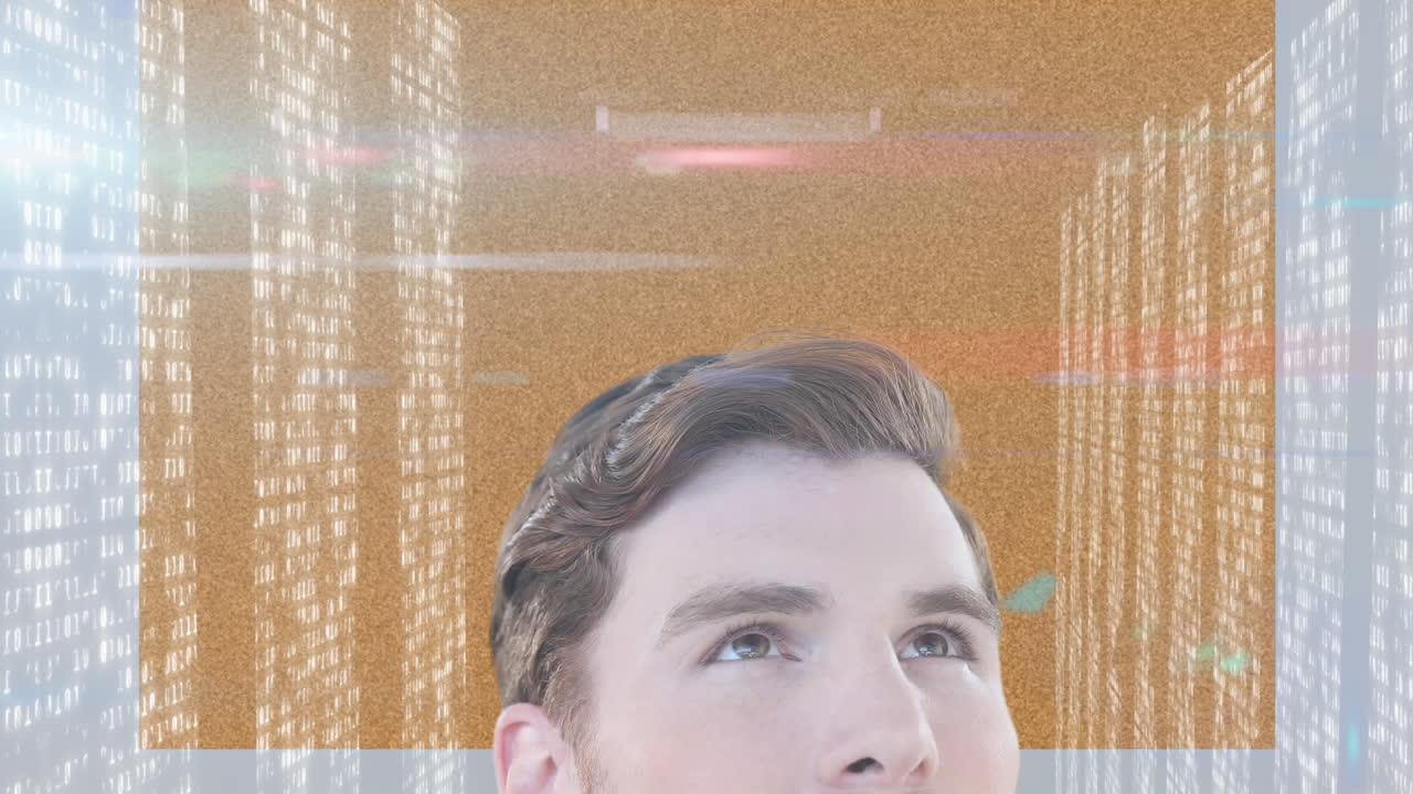 animación de movimiento, brillantes paneles de interfaz de procesamiento de datos, sobre el hombre confundido, mirando