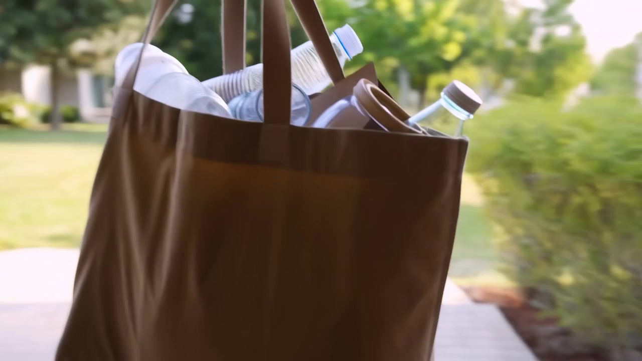 Una bolsa de compras reutilizable marrón llena de botellas de plástico transparentes se encuentra en primer plano de una cocina doméstica con iluminación suave, con el fondo suavemente desenfocado.