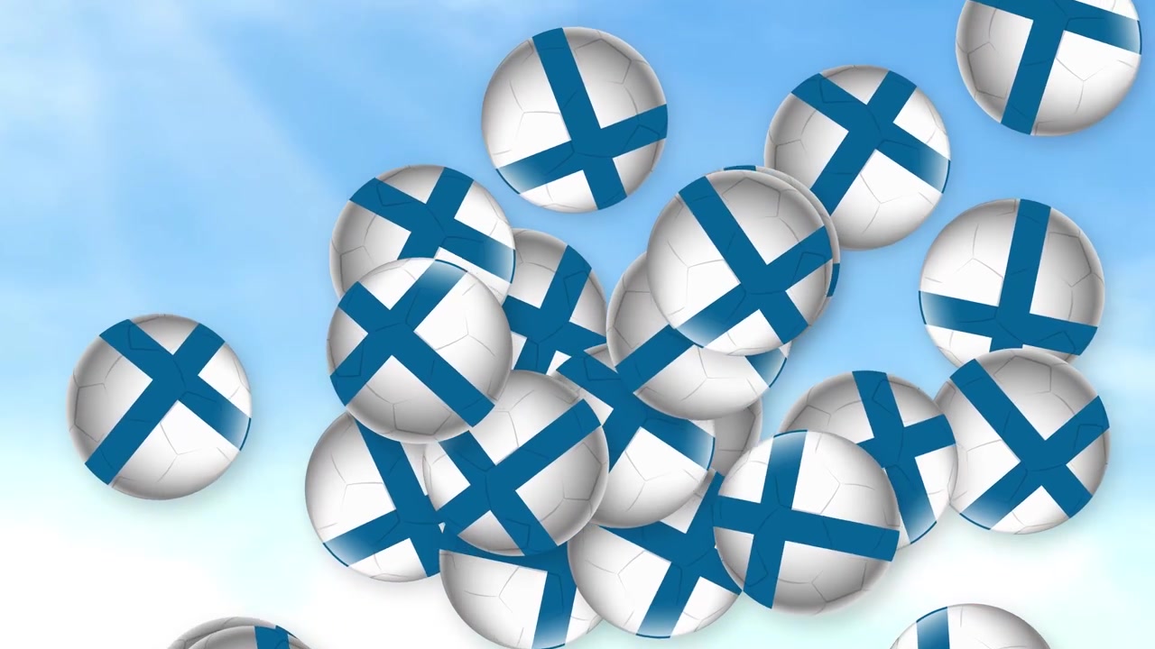 Animerede fodbolde med finske flagdesigns falder gennem en lys, skyet blå himmelbaggrund