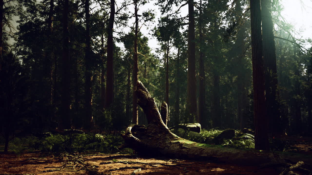 Paesaggio forestale con luce solare che filtra tra gli alberi in un ambiente sereno