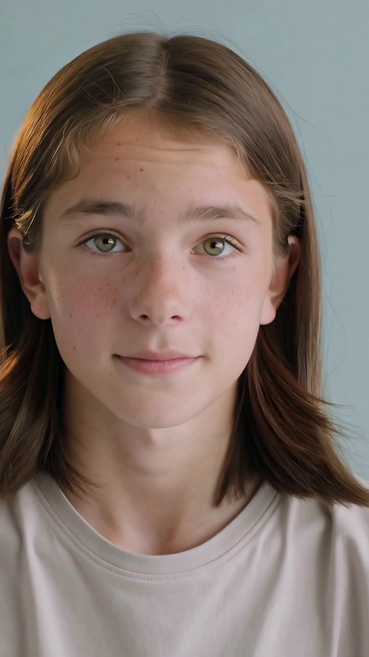 Video verticale: Su indicazione, un adolescente incontra lo sguardo della telecamera per un ritratto in studio, maglietta chiara e sfondo blu.