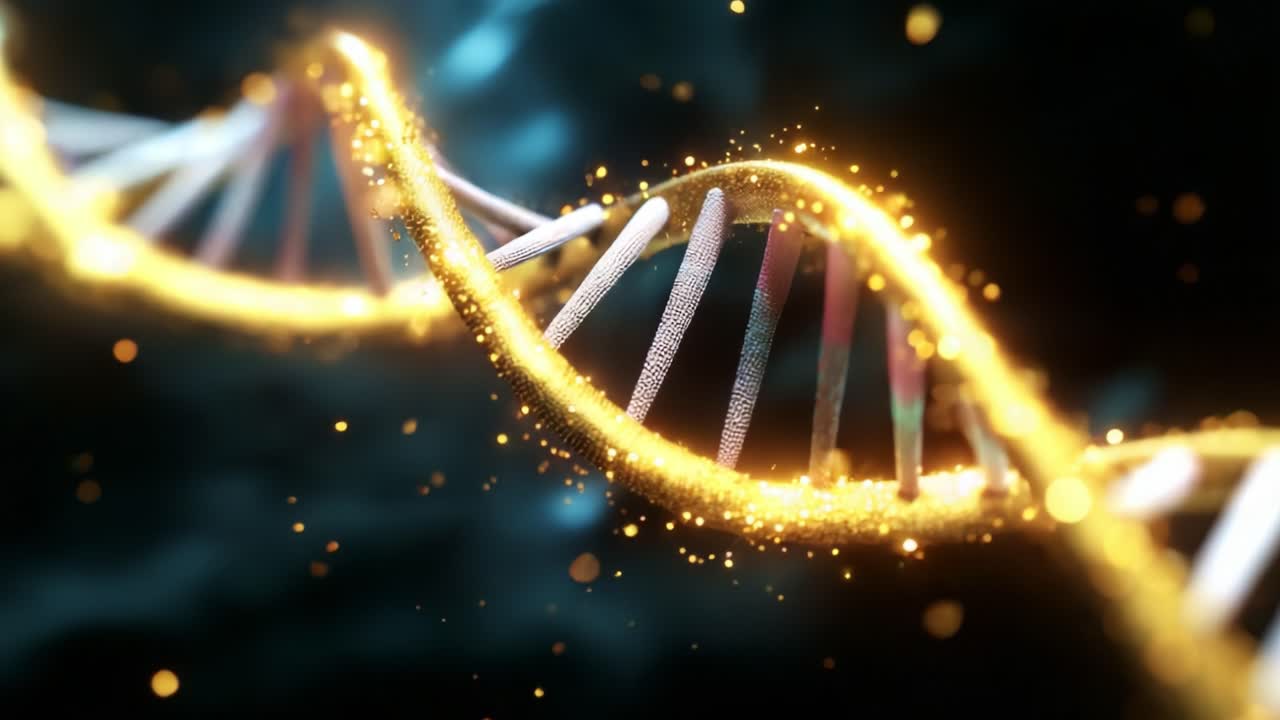 A mesmerizing exploration of the double helix structure of DNA, illuminated by shimmering golden particles that enhance the ethereal beauty and complexity of genetic material in a digital realm