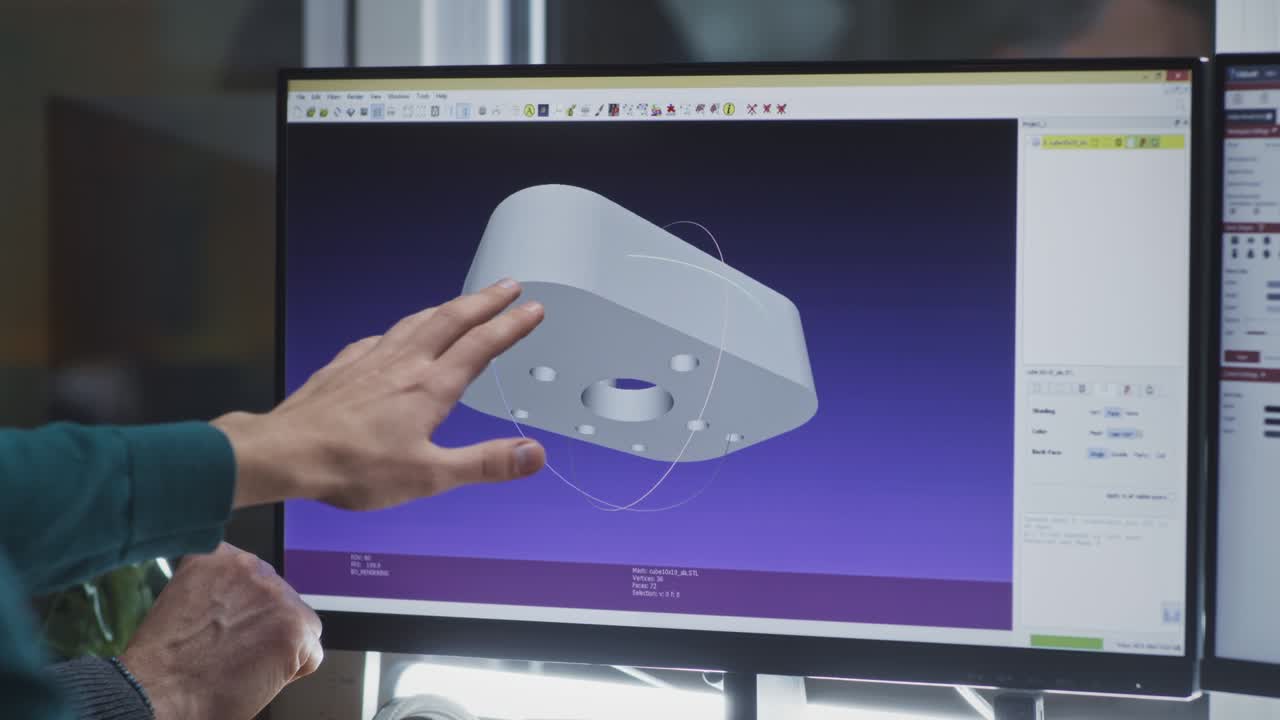 농작물 동료들이 컴퓨터에서 3d 모델에 대해 논의합니다.