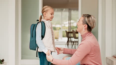 Mother,-kid-and-excited-for-school-with-backpack