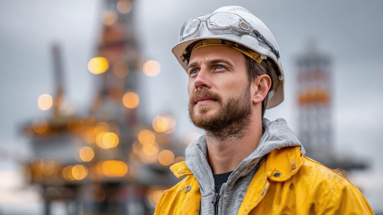 A dedicated oil worker gazes towards the horizon, embodying resilience and determination as he prepares for the day ahead on the offshore platform amidst a backdrop of industry