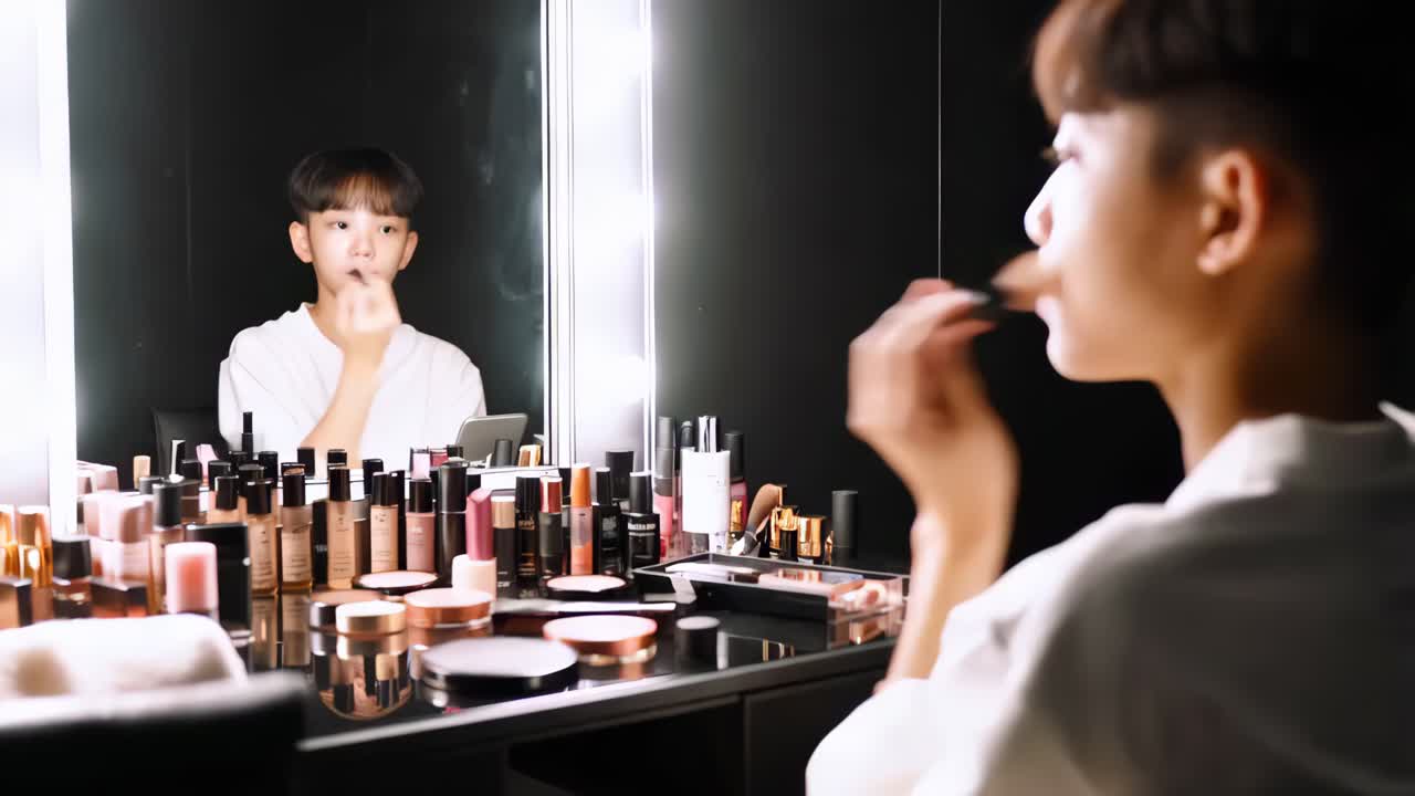 adolescente aplicando maquillaje frente a un espejo