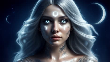 ethereal moon goddess with glowing blue eyes