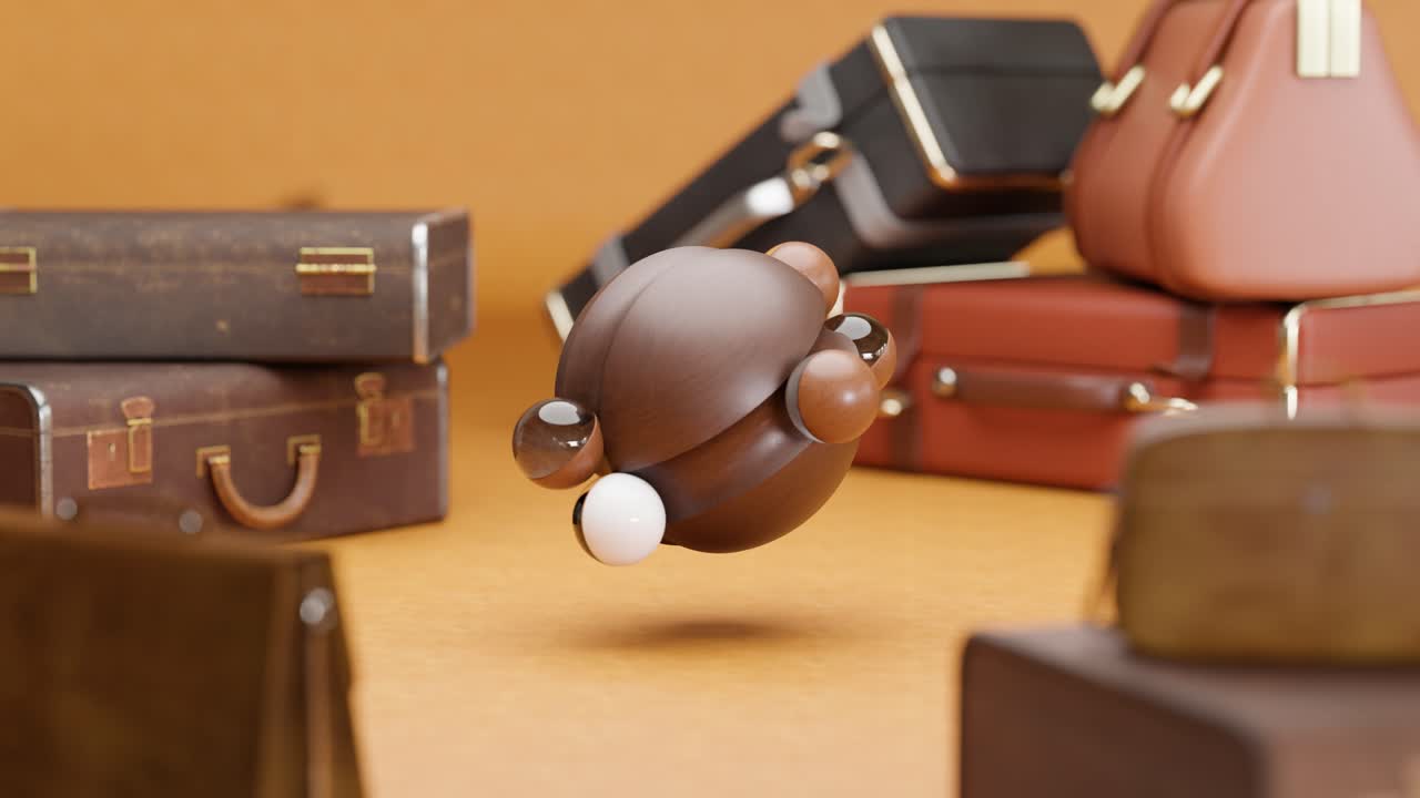 3D rendering of small marble balls rolling on wooden sphere in loop