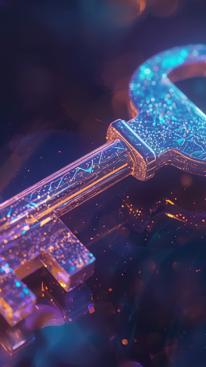 Vertical video: Panning camera revealing ornate key on glossy surface to show etchings and bokeh