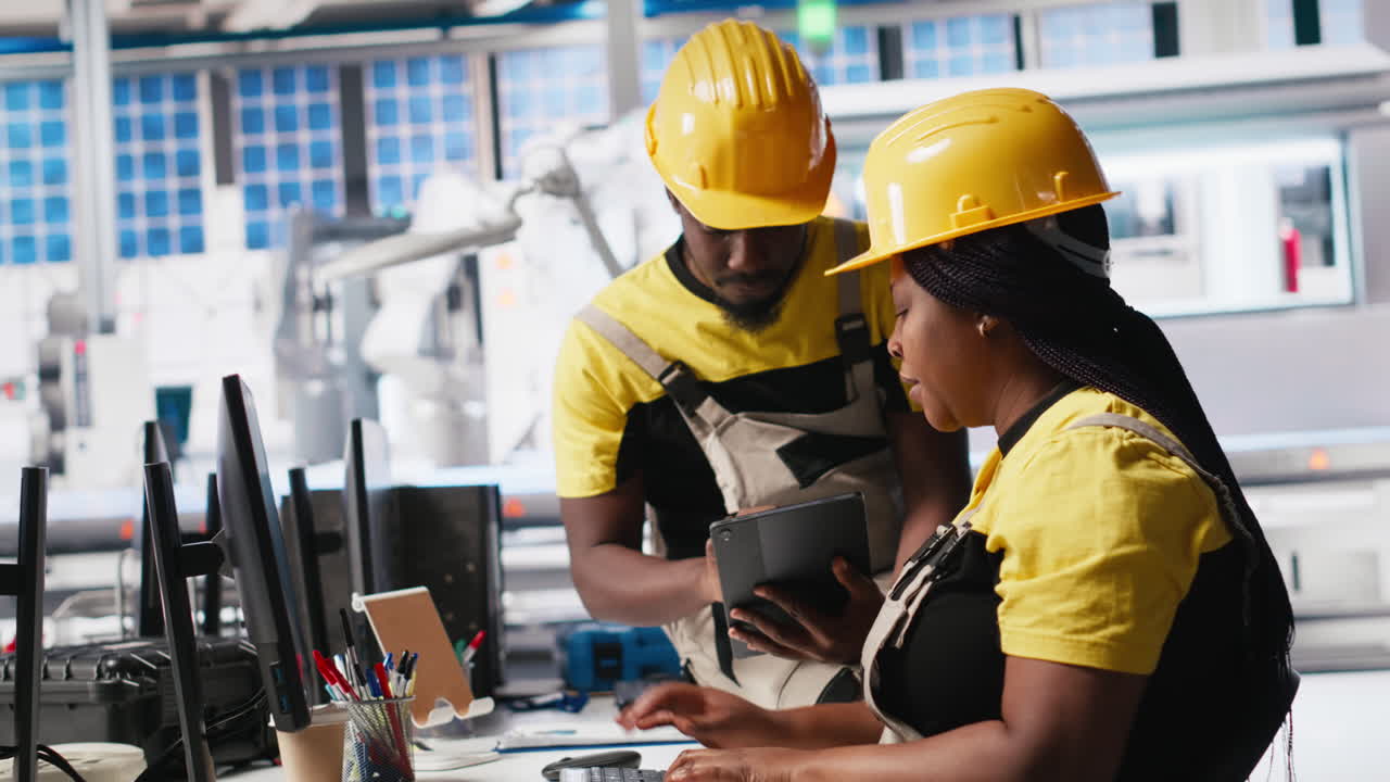 Vertical Video African american workers checking up on manufacturing equipment