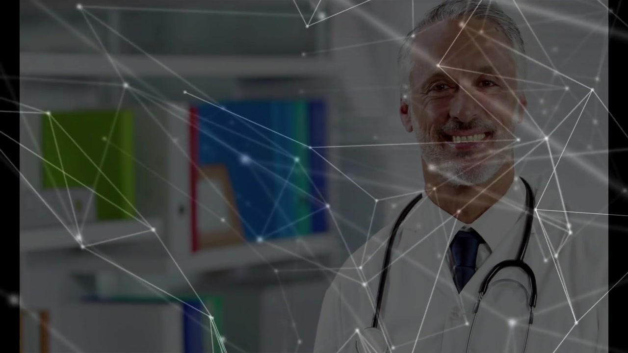 Network overlay shifting revealing doctor wearing stethoscope and holding blue folder by binders