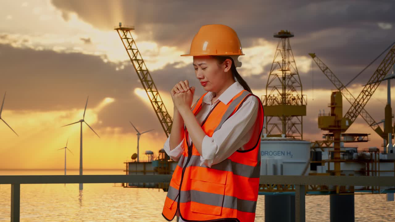 풍력 터빈 을 가진 석유 기지 에서 해 가 지는 때 기도 하는 엔지니어