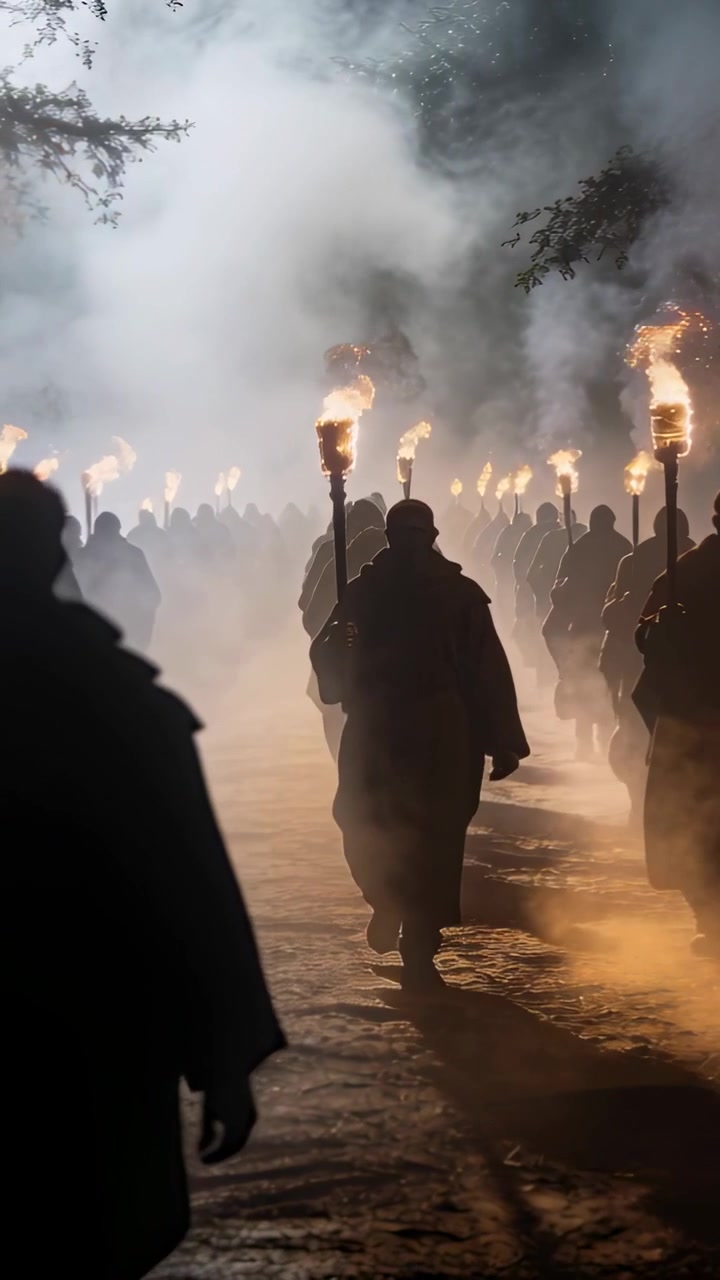 Vertical video: Marching hooded bearer leading march after torch lighting along dirt path with fog