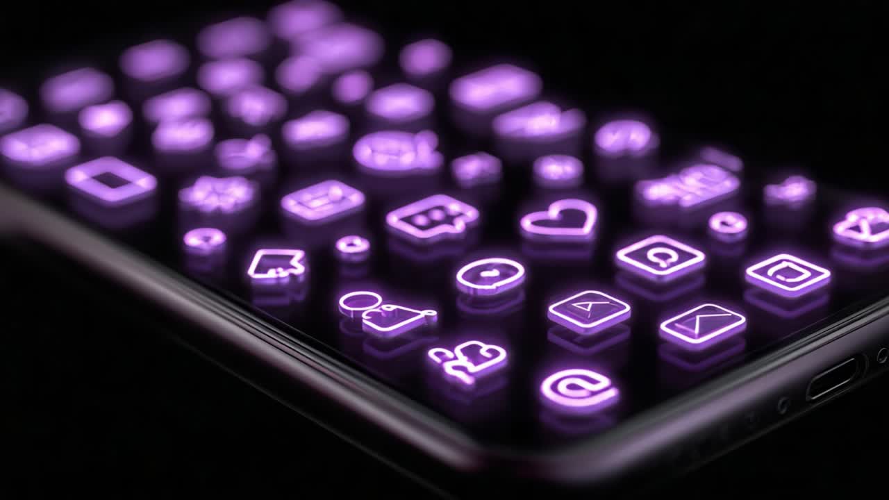 Illuminated Phone Display Featuring a Unique Array of Vibrant Purple Icons and Symbols Representing Modern Digital Communication and Technology