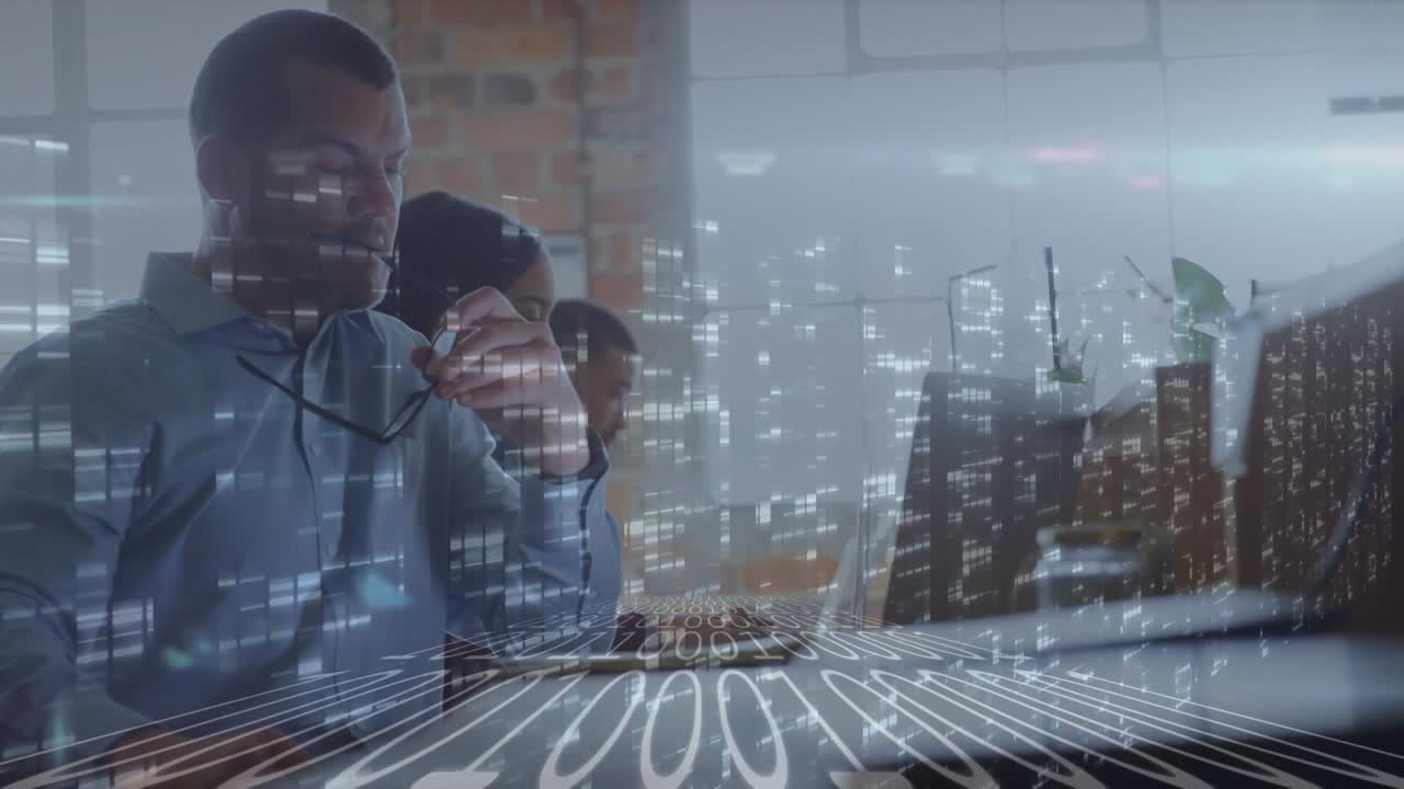 Animation of data processing over diverse business people in office