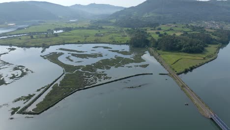 Wetlands-view-from-above,-Santona-marshland-with-tranquil-water-and-Natural-landscape,-Cantabria