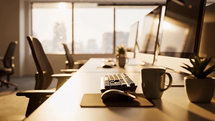 Spazio di lavoro moderno e vuoto al tramonto