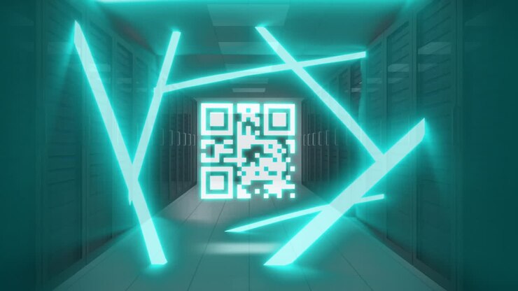 QR code scanner with neon elements against empty server room